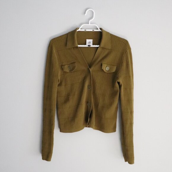Cabi Polo Flap-Pocket Collared XS Green Ribbed Long Sleeve Cardigan - Picture 1 of 11